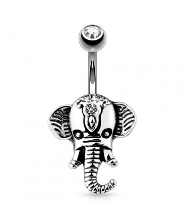 Piercing nombril animal tete d elephant strass blanc acier bijou style indou
