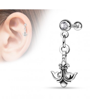Piercing OREILLE cartilage helix acier ancre marine fleur de lys strass blanc pendentif oreille