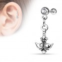 Piercing OREILLE cartilage helix acier ancre marine fleur de lys strass blanc pendentif oreille
