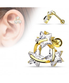 Piercing cartilage trois étoiles helix strass blanc brillant oreille couleur doré