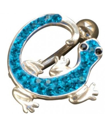 Piercing nombril salamandre lezard fantaisie acier 316l couleur argenté strass bleu yeux noir inversé