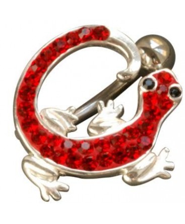 Piercing nombril salamandre lezard fantaisie acier 316l couleur argenté strass rouge yeux noir inversé