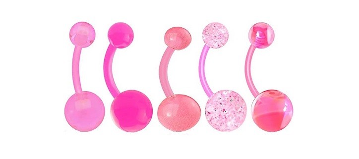 Lot 5 Piercing Transparent Nombril Invisible Fluo Rose Boule Paillette Strass Plastique