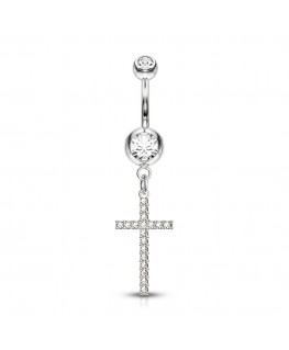 Piercing nombril belle fine petite croix avec strass blanc pendentif bijoux