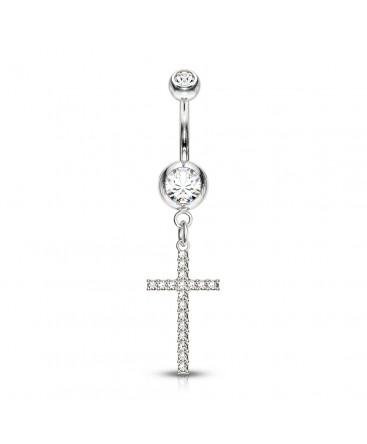 Piercing nombril belle fine petite croix avec strass blanc pendentif bijoux