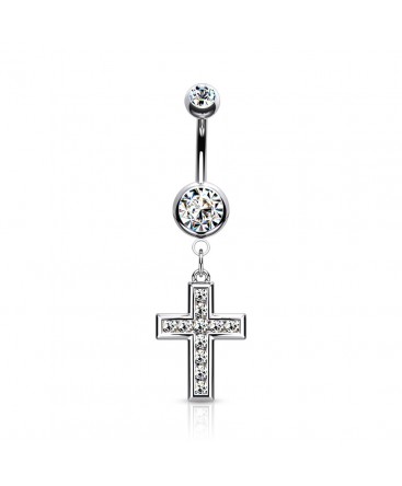 Piercing nombril belle petite croix avec strass blanc pendentif bijoux