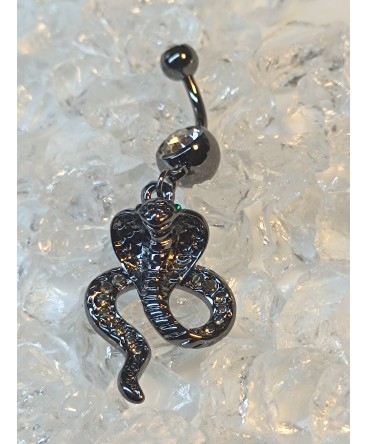 Piercing nombril avec cobra imitation pierre hématite et serti strass blanc et yeux vert