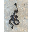 Piercing nombril avec cobra imitation pierre hématite et serti strass blanc et yeux vert