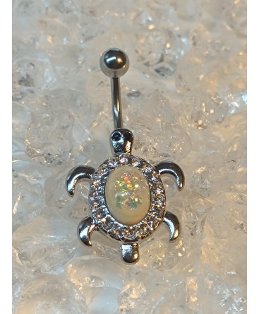 Piercing nombril tortue de mer imitation pierre opale blanc coloré arc en ciel
