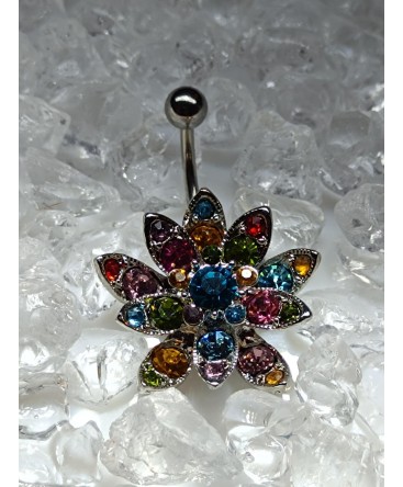  Piercing nombril grosse fleur strass multi couleur