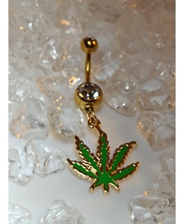 piercing nombril cannabis couleur doré strass blanc feuille verte