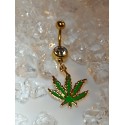 piercing nombril cannabis couleur doré strass blanc feuille verte
