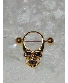 Piercing anneau teton tete de mort œil yeux noir sein poitrine gothique avec barre tige 1,6 x 16 mm couleur doré