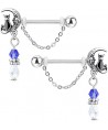 Paire Piercing Anneau Chaine Teton Pendant Lune Chat Noeud Imitation Perle Plastique breloque Blanc et Bleu