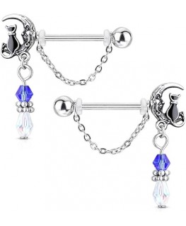 Paire Piercing Anneau Chaine Teton Pendant Lune Chat Noeud Imitation Perle Plastique breloque Blanc et Bleu
