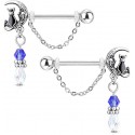 Paire Piercing Anneau Chaine Teton Pendant Lune Chat Noeud Imitation Perle Plastique breloque Blanc et Bleu