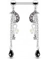Piercing Anneau Teton Pendant Chaine Lune Strass Violet Etoile Imitation Perle Plastique Blanche et Noir Sein