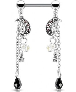 Piercing Anneau Teton Pendant Chaine Lune Strass Violet Etoile Imitation Perle Plastique Blanche et Noir Sein