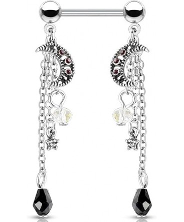 Piercing Anneau Teton Pendant Chaine Lune Strass Violet Etoile Imitation Perle Plastique Blanche et Noir Sein