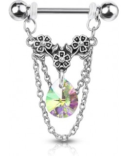 Piercing Chaine Teton Sein Poitrine Mamelon Anneau Pendant Strass Blanc coloré Triple Fleur raffiné et travaillé