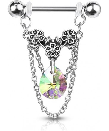 Piercing Chaine Teton Sein Poitrine Mamelon Anneau Pendant Strass Blanc coloré Triple Fleur raffiné et travaillé
