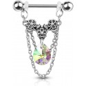 Piercing Chaine Teton Sein Poitrine Mamelon Anneau Pendant Strass Blanc coloré Triple Fleur raffiné et travaillé