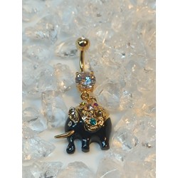 Piercing nombril éléphant multi strass couleur doré noir