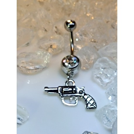 Piercing nombril petit pistolet arme pendentif strass blanc