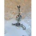 Piercing nombril petit pistolet arme pendentif strass blanc