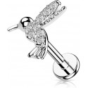 Piercing oreille petit oiseau mouche colibri aile plume strass blanc tragus lobe embout vissable