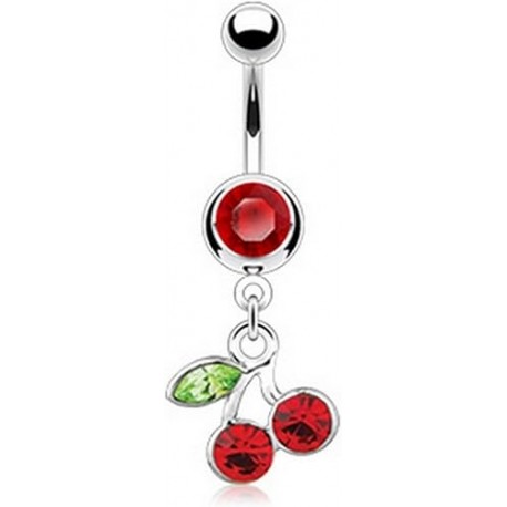 Piercing Nombril cerise fruit rouge Multi Strass rouges et vert, Bijoux Pendentif