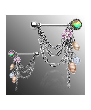 piercing téton fleur et perles imitation transparente