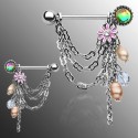 piercing téton fleur et perles imitation transparente